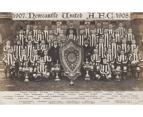 NEWCASTE UNITED 1907-1908   Postcard, Newcastle United 1907-1908, teamgroup with players named beneath and six trophies on di