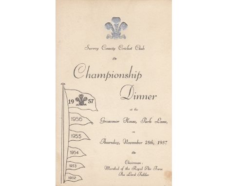 SURREY CRICKET 1957   Menu for Surrey County Cricket Club Championship Dinner, 28/11/57 at Grosvenor House, Park Lane, London