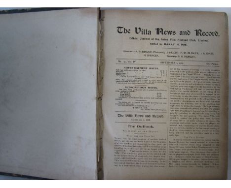 ASTON VILLA 1909-1910 BOUND VOLUME    Villa cloth bound volume, 1909-10 with gilt inscription on spine. No covers, 39 issues 