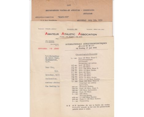 ATHLETICS   1930   Six items of correspondence etc relating to T.W.Richardson  a leading Racewalker with Woodford Green A.C  