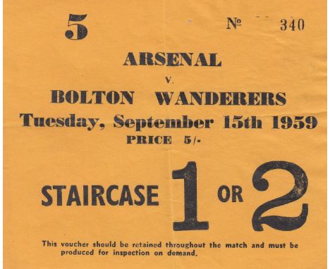 ARSENAL   Ticket Arsenal v Bolton Wanderers 15th September 1959. Light folds.    Generally good