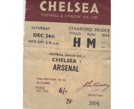 CHELSEA/ARSENAL TICKET   Ticket Chelsea v Arsenal 24th December 1955. Horizontal fold with light staple mark.     Fair-genera