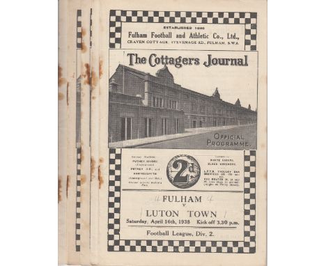 FULHAM  37-38   Five Fulham home programmes, 1937-38, v Luton, Swansea (score 8-1 to Fulham), Barnsley, Burnley and Sheffield