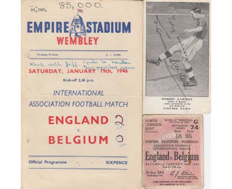 ENGLAND - BELGIUM 1946   Programme, match ticket, newspaper report  for England v Belgium 19/1/46 at Wembley, programme  has 