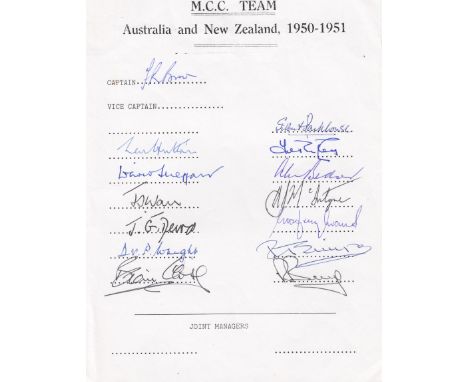 CRICKET     M.C.C. To Australia 1950-51, 15 signatures, inc. Freddie Brown, Hutton, Close, Doug Wright, Parkhouse, McIntyre, 