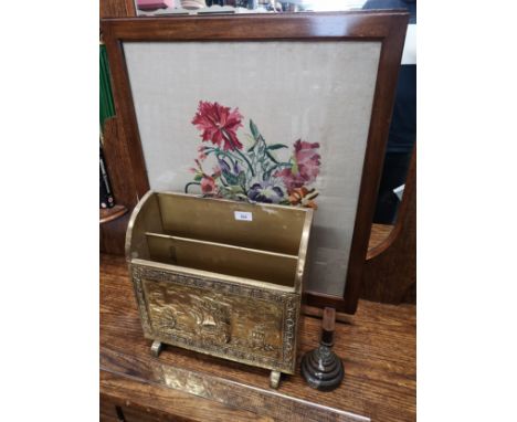 Oak fire screen, brass magazine storage item together with weights. 