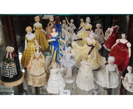 Shelf of lady figures includes doulton. 