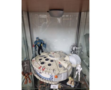 Shelf of Star war toys together with star wars picture and marvel picture etc . 2 pictures to cover lot . 