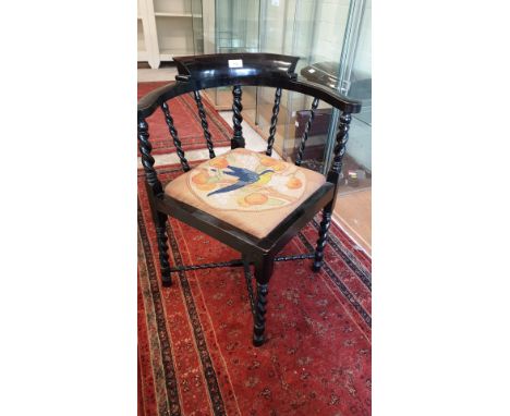 Black painted barley twist childs corner chair with tapestry seat . 