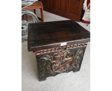 Vintage trunk set in heavy oak with hand painted panels.. 