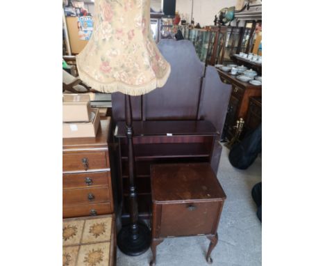 Stag minstrel bookcase, vintage record cabinet together with standard lamp. 