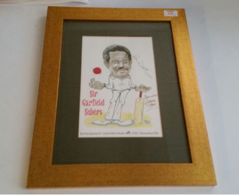 CRICKET, signed print by Garry Sobers, caricature of him full-length pose with bat &amp; ball, signed by Sobers &amp; the art