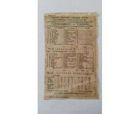 CRICKET, Nottinghamshire v Yorkshire 1901. Official silk scorecard for the match played at Trent Bridge, Nottingham on 20th- 