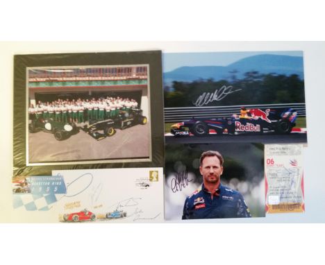 MOTOR RACING, signed selection, inc. mainly photos, commemorative covers; Coulthard, Hakkinen, Horner, Brundle, Heidfeld, Kub