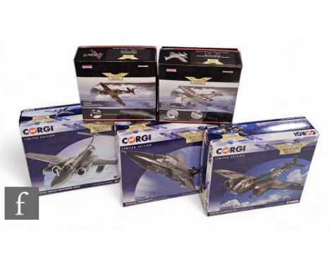 Five Corgi Aviation Archive diecast model aircraft, AA39802 Panavia Tornado F3, AA34111 Hawker Siddley Buccaneer SMK2, AA3840