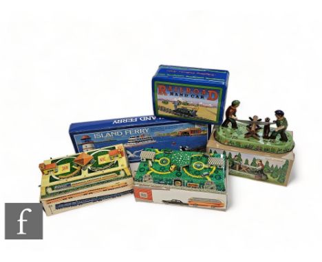 A collection of USSR and vintage style tinplate toys, Schylling Island Ferry, Schylling Railroad Hand Car, Tobar woodcutters 