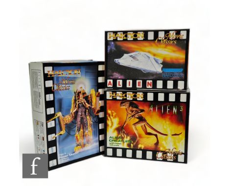 Three Halycon Movie Classics model kits, HAL10 Alien Narcissus, HAL03 Aliens Power Loader with Ripley, and HAL11 Alien 3 Alie