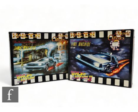 Two Halycon Movie Classics 1:24 scale model kits, HAL07 Back to the Future Time Machine and HAL05 Back to the Future II Time 