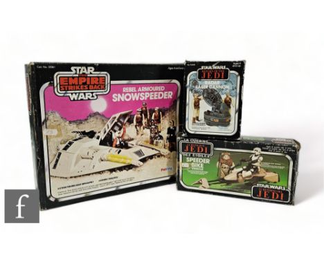 Three vintage Star Wars vehicles, Palitoy Rebel Armoured Snowspeeder, Palitoy Speeder Bike and Kenner Radar Laser Cannon, all