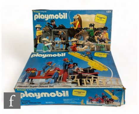 Two vintage Playmobile sets, 1104 Cowboy Super Deluxe Set and 1404 Fireman Super Deluxe Set, boxed. (2) 