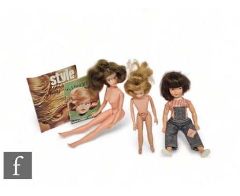 Three 1960s/1970s fashion dolls, a Pedigree Sindy Patch, Palitoy Tressy and Palitoy Toots, with Tressy's Colour Book and Styl