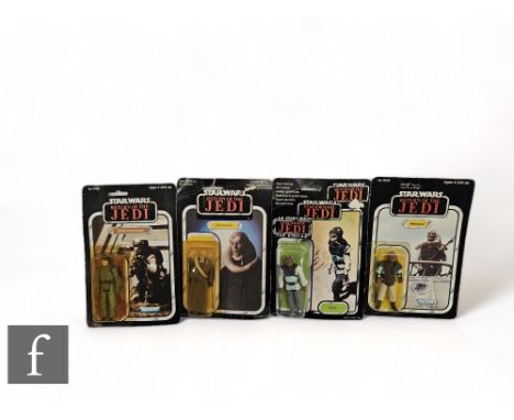 Four vintage Star Wars 3 3/4 inch action figures, comprising Rebel Commando on a Kenner 77 back card, Weequay on a Kenner 77 