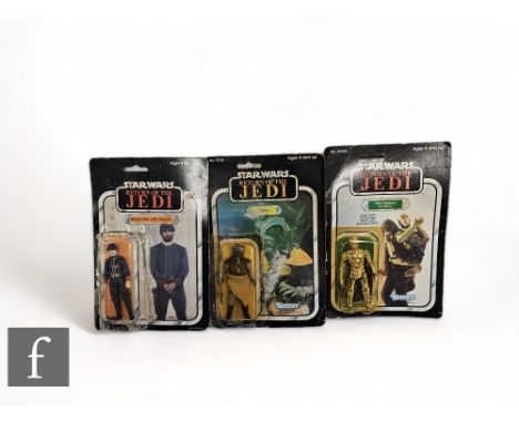 Three vintage Star Wars Return of the Jedi 3 3/4 inch action figures, comprising See-Threepio (C-3PO) sealed on a Kenner 79 b