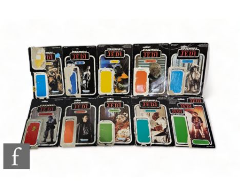 A collection of vintage Star Wars Return of the Jedi backing cards for action figures, mostly Kenner but some Palitoy, includ