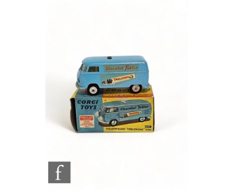 A Corgi 441 Volkswagen Toblerone Van in light blue with yellow interior, transfer decals to sides and spun hubs, boxed. 