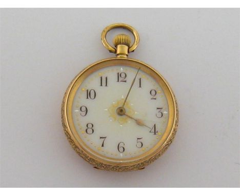 A late 19th century 18 carat gold fob watch, the four-piece case stamped ‘18k’ to case back and cuvette, foliate engraved ove