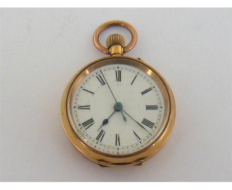 A small late 19th century 14 carat gold open faced centre seconds fob watch, the four piece case stamped with Swiss standard 