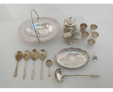 A group of silver plated items comprising:- a Victorian tea caddy by Henry Wilkinson & Co.; a Victorian oval basket with band