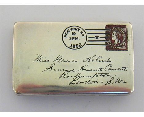 An American silver and enamel stamp case of envelope form, circa 1892, inside of hinged flap stamped “STERLING PAT. JUNE 24 9