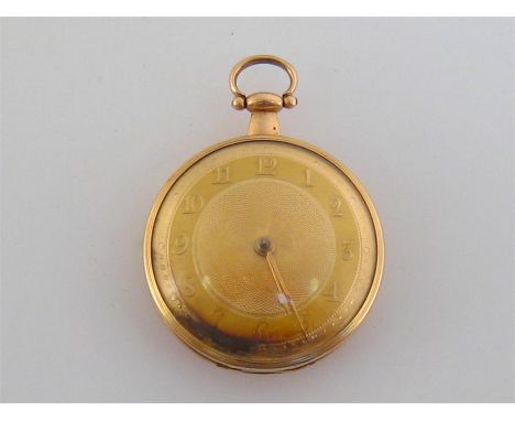 A George III 18 carat gold open faced pocket watch, the three piece case hallmarked London 1807, the gilt dial with engine tu