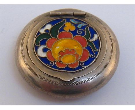 A small Russian silver powder compact of pill box form with cloisonné enamel cover fitted with mirror inside, maker’s mark Cy