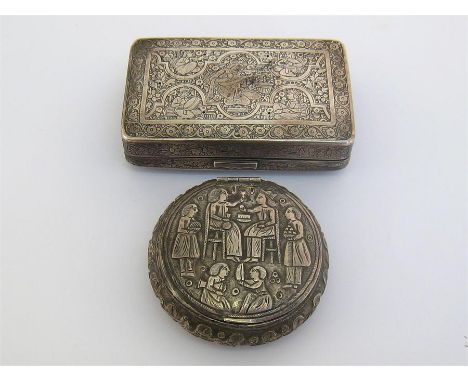 A Persian oblong silver table snuff box, marked in cover, cover and base engraved with seated Persian musicians, sides with t