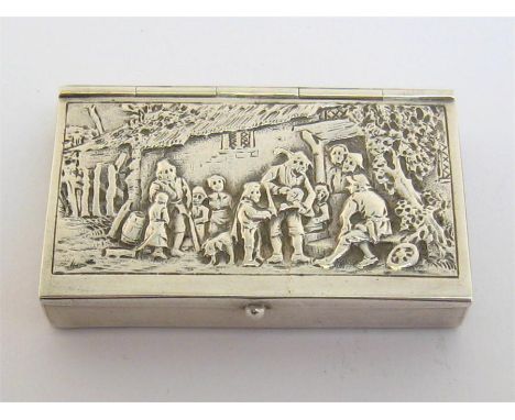 A Dutch silver stamp box, stamped “HOLLAND” and with pseudo marks, 20th century, cover chased in low relief with figures outs