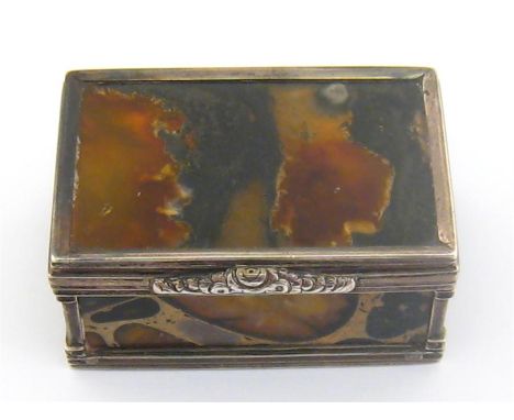 A silver-mounted variegated hardstone snuff box with gilt interior rims, unmarked, second half of 18th century, ribbed rims, 