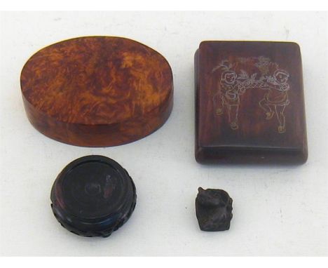 A Japanese boxwood netsuke of two rats in a wicker carrier, a Chinese rosewood box with yellow and white inlay of children be