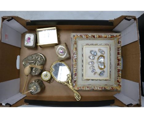 A mixed collection of items to include silver plated dressing table boxes: Art Nouveau hand mirror, mantle clock etc 