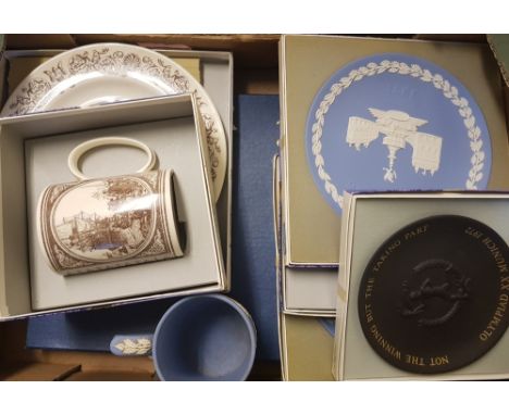 A good collection of mostly boxed Wedgwood jasper ware plates: together with jasper ware tankard, Mayflower boxed plate and m