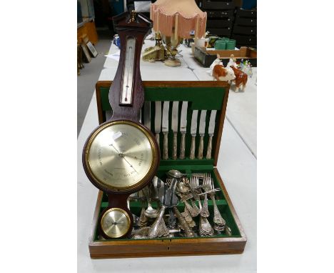 Oak cased cutlery canteen : together with a modern shortland Bowen barometer (2) 