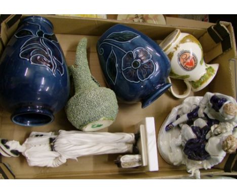 A collection of ceramic items to include; bass advertising water jug, continental figure, large vases etc 