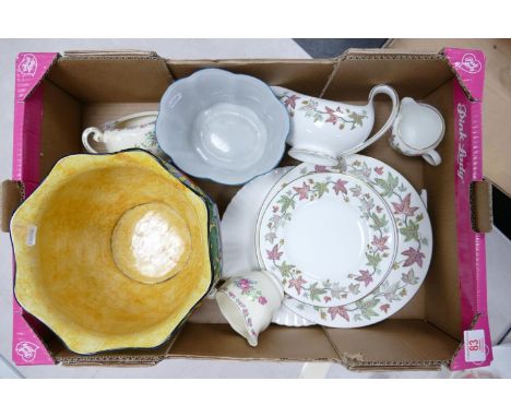 A mixed collection of items to include: Grimwades Deco decorated large damaged Planter, Wedgwood floral decorated dinnerware 