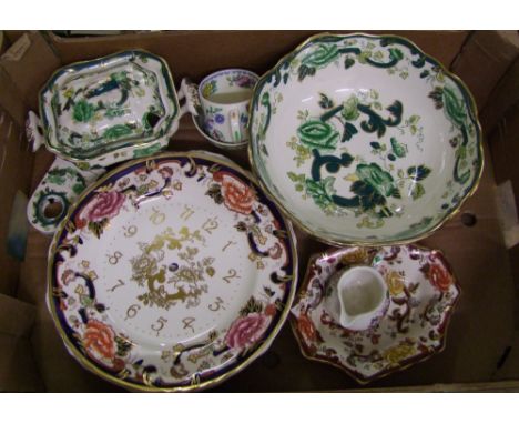 A collection of Mason's ceramic items: butter dish, clock etc (1 tray). 