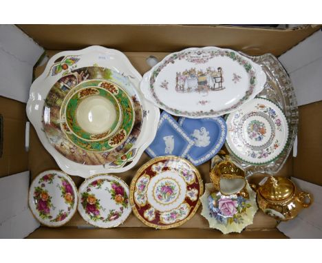 A mixed collection of items to include: Royal Albert, Wedgwood Jasperware, Copeland Spode plates, Aynsley ruffled dish etc 