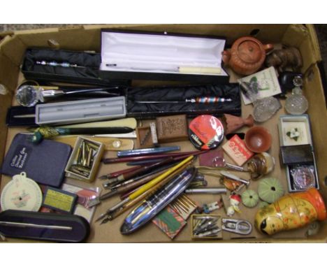 A mixed collection of items to include; item letter list, fountain pens &amp; nibs, Scent bottles etc (1 tray) 