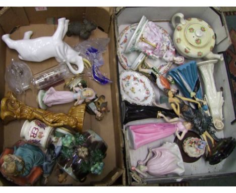 A collection of items to include; ceramic Continental figures, damaged Coalport figurine etc (2 trays) 