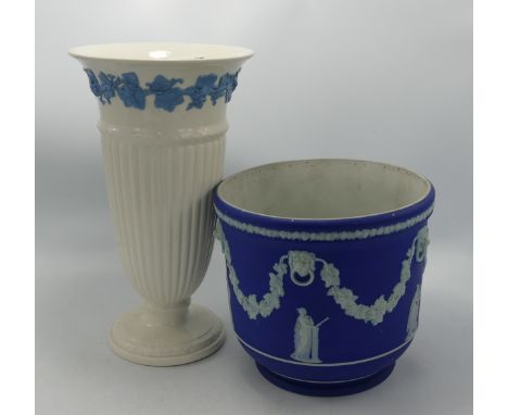 Large Wedgwood Dip Blue Planter: together with similar Queens Ware Fluted Vase 