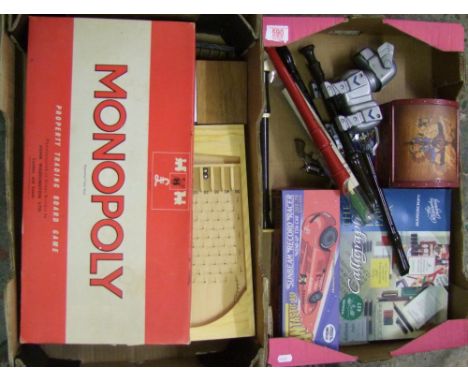 A mixed collection of items to include: Recorders, classic monopoly, bagatelle board, cars etc 